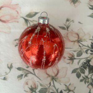 Vintage Pink Glass Christmas Ornament Mica Glitter Hand painted White Detail USA